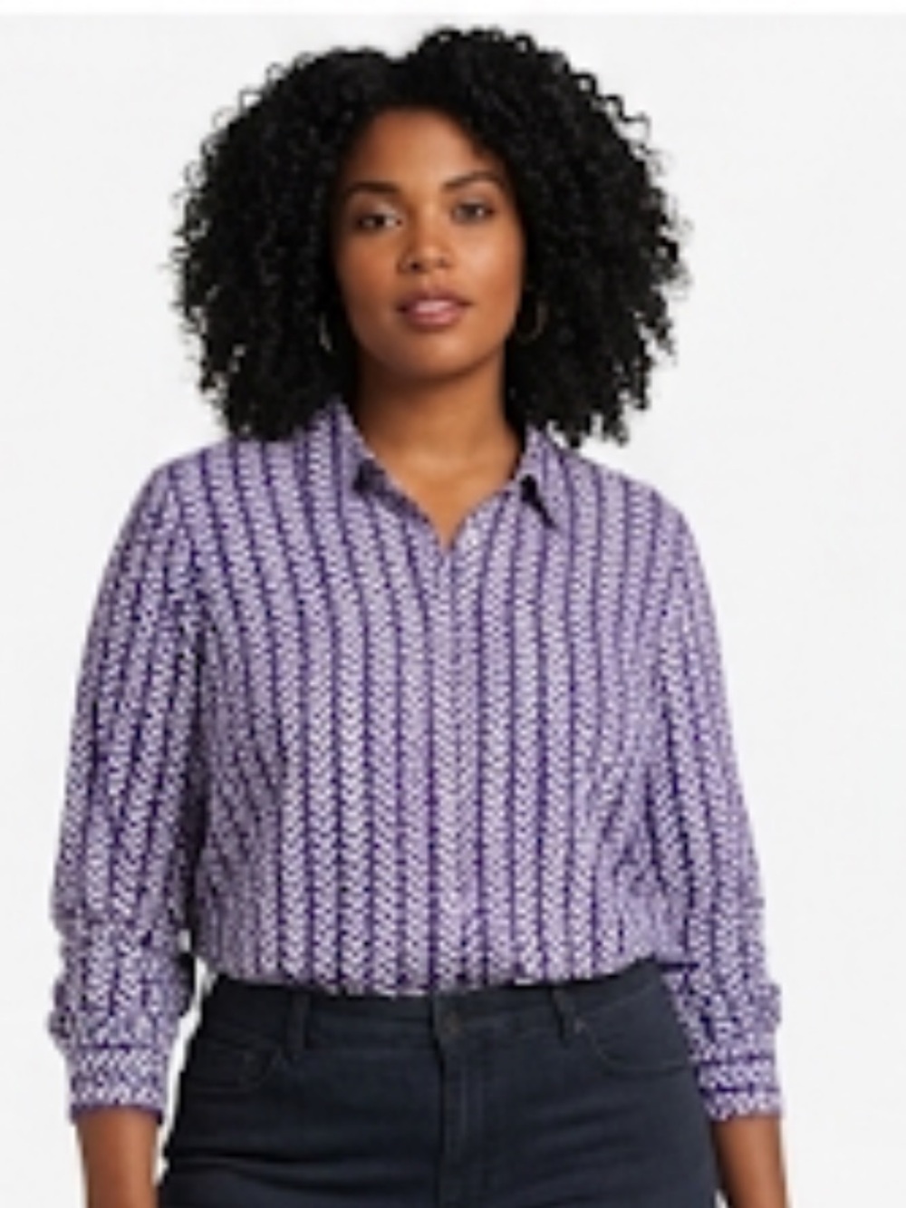 Dalia Collection purple Long Sleeve V print chevron 3/4 button down rayon Size L